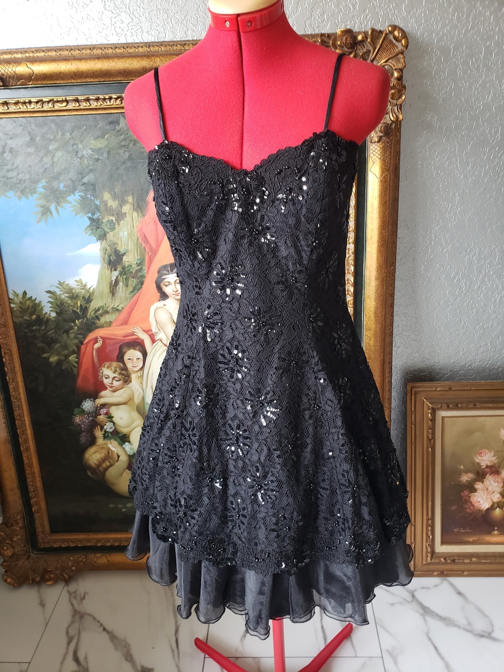 Elegant Black Strapless Lace & Sequin Party Dress